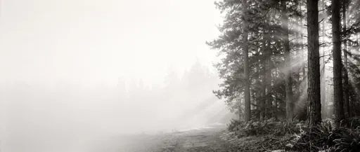 Monochrome Misty Forest Trail at Sunrise