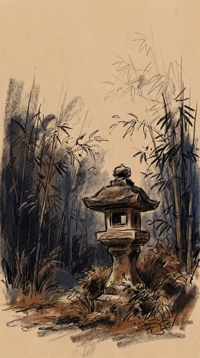 Charcoal Sketch of Stone Lantern in Bamboo
