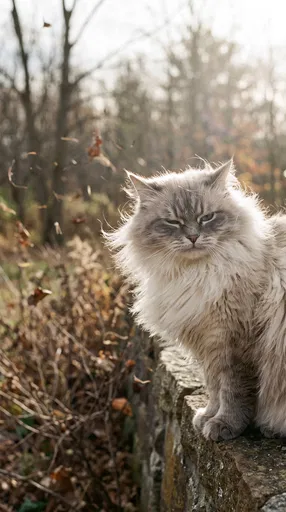 Fluffy Cat Squinting on Windy Autumn Day