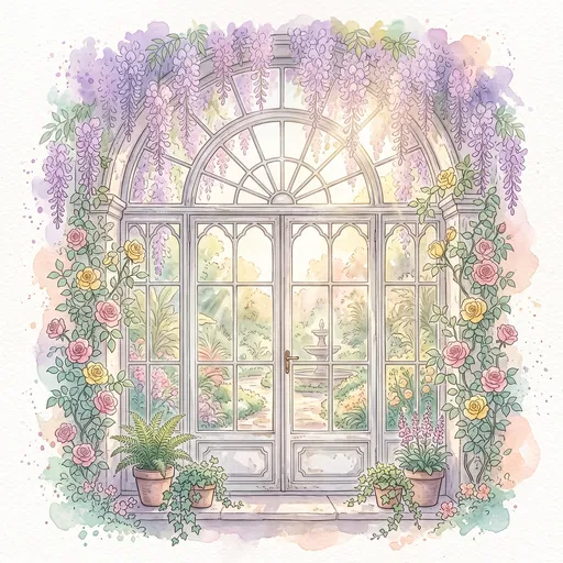 Watercolor Arched Window With Wisteria and Roses