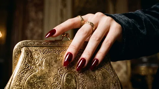 Hand With Oxblood Nails on Gold Clutch