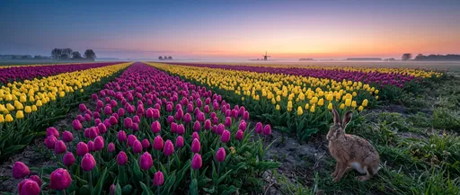 Wild Hare in Sunrise Tulip Field