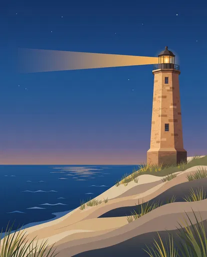 Sandstone Lighthouse on Coastal Dunes at Dusk