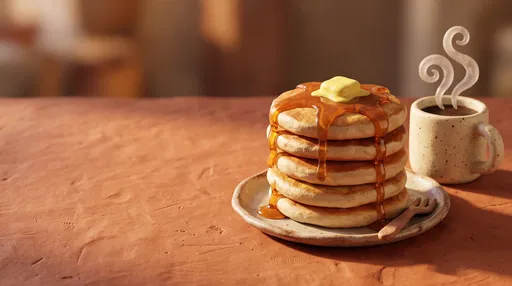 Stylized Clay Pancakes and Steaming Coffee
