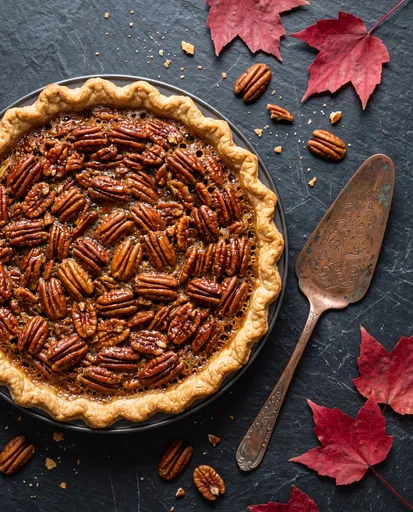 Top-Down Pecan Pie with Autumn Leaves