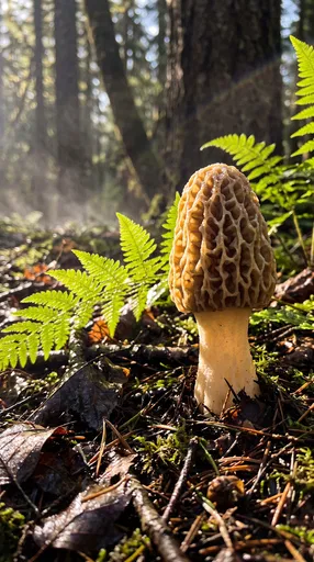 Golden Morel Mushroom on Sunlit Forest Floor