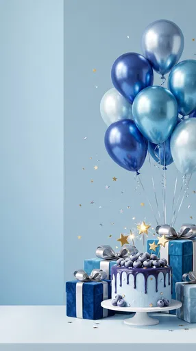 Blue Birthday Cake Presents and Metallic Balloons