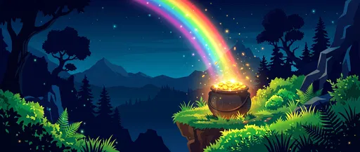 Magical Pot of Gold Under Night Rainbow