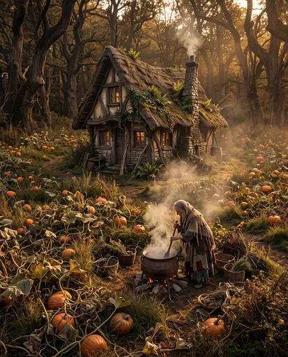 Witch Stirring Cauldron Outside Forest Cottage