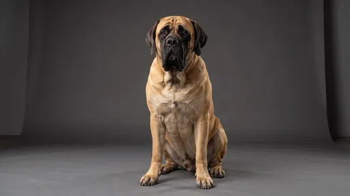 English Mastiff Sitting in Gray Studio