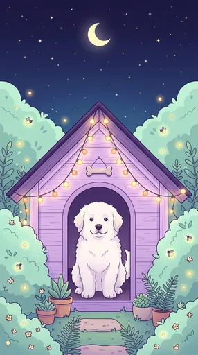 White Puppy in Lavender Nighttime Doghouse