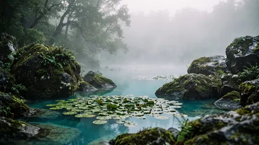 Misty Turquoise Pond With Lily Pads