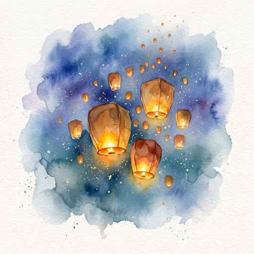 Watercolor Sky Lanterns in Night Sky