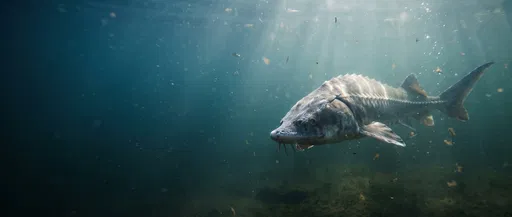 Sturgeon Swimming in Sunlit Deep Water