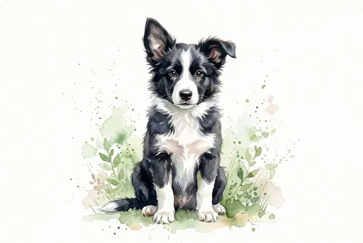 Watercolor Border Collie Puppy Illustration