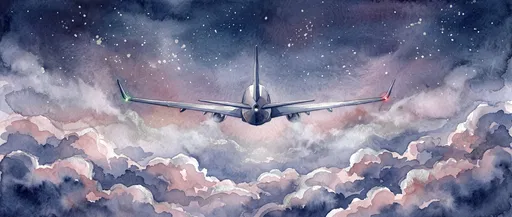 Watercolor Airplane Flying Into Night Sky