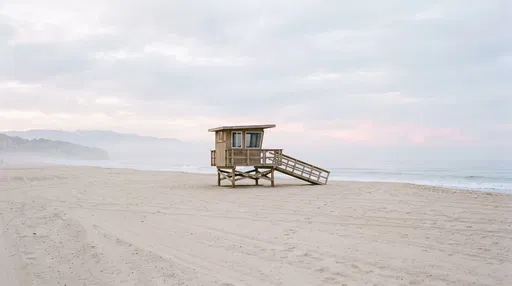 Wooden Lifeguard Tower on Misty Beach