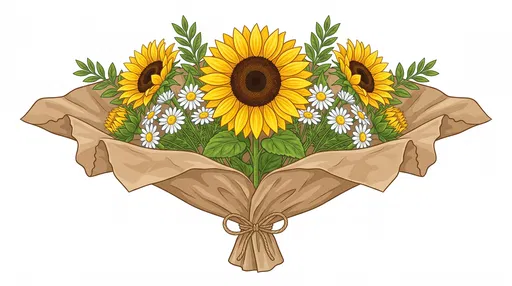 Symmetrical Sunflower and Daisy Bouquet Illustration