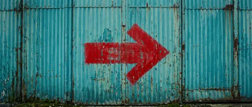Red Painted Arrow on Turquoise Metal Wall