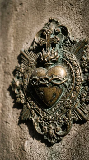 Aged Bronze Sacred Heart Emblem on Stone