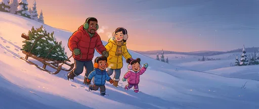 Cartoon Family Pulling Christmas Tree on Sled