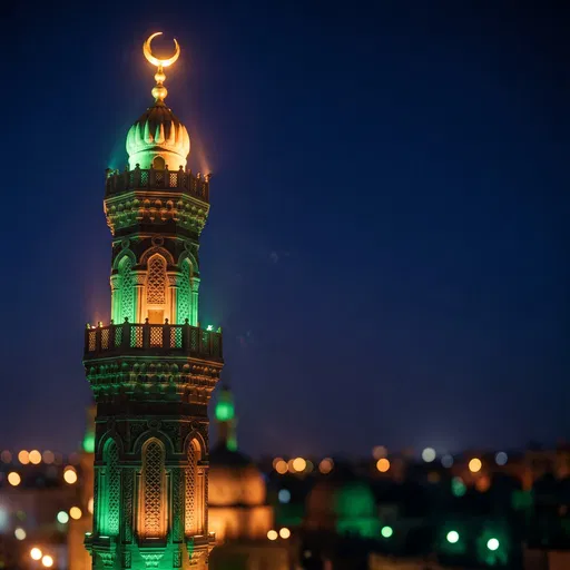 Illuminated Mosque Minaret at Night