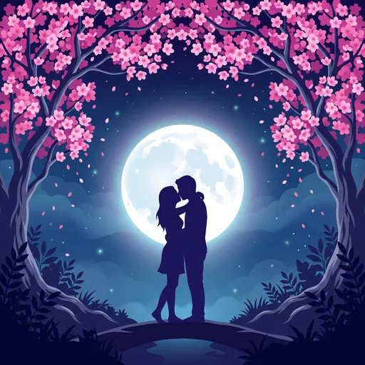 Couple Kissing Under Moonlit Cherry Blossoms