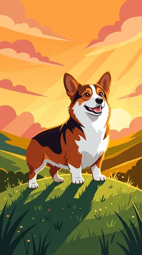 Cartoon Tricolor Corgi on Sunset Hilltop
