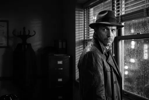 Noir Detective Looking Sideways Near Rainy Window