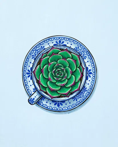 Succulent in Blue Patterned Teacup Illustration