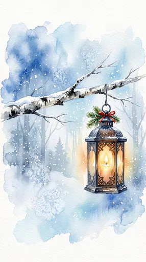 Watercolor Holiday Lantern on Snowy Birch Branch