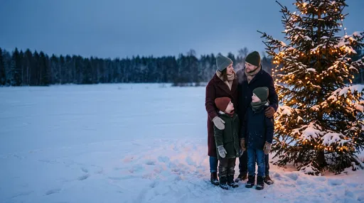 Family by Lit Christmas Tree Outdoors