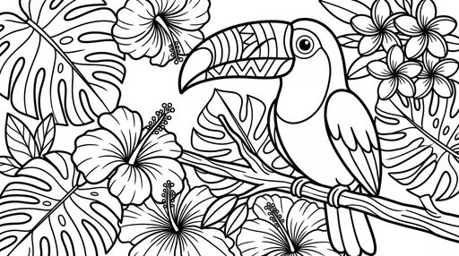 Tropical Toucan and Flowers Coloring Page