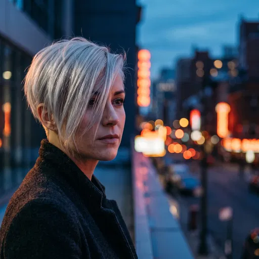 Woman With Silver Pixie Cut at Dusk