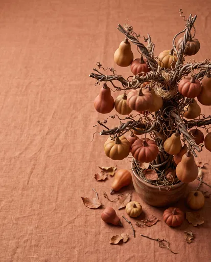 Autumn Pumpkin Tree Centerpiece on Linen