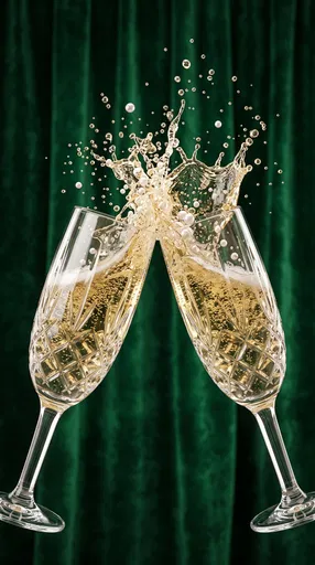 Crystal Champagne Flutes Toasting Against Green Velvet