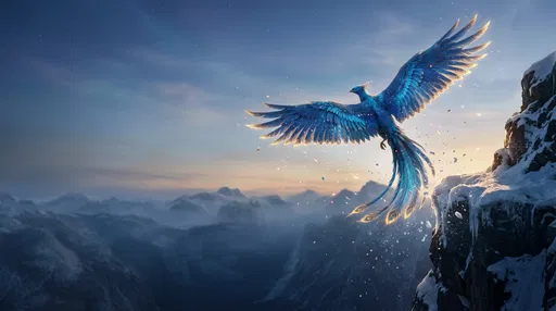 Blue Celestial Phoenix Over Snowy Mountains
