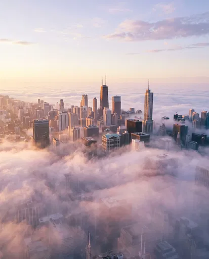 Chicago Skyline Emerging From Morning Fog