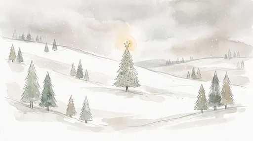 Watercolor Christmas Tree on Snowy Hillside