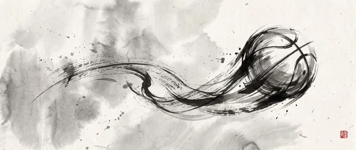 Sumi-e Ink Brush Basketball in Motion