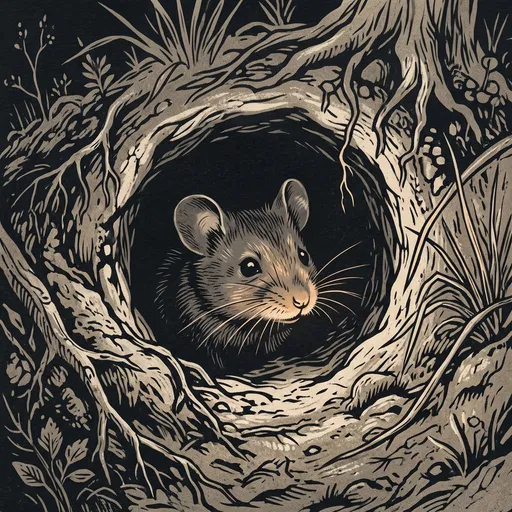 Linocut Mouse Peering From Burrow