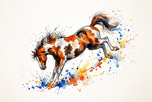 Watercolor Illustration of Bucking Pinto Horse