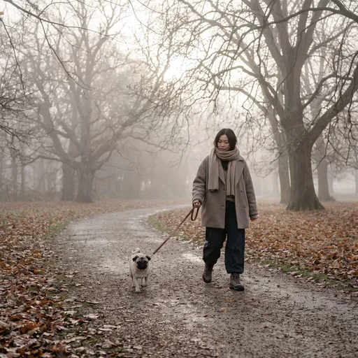 Woman Walking Pug in Misty Park