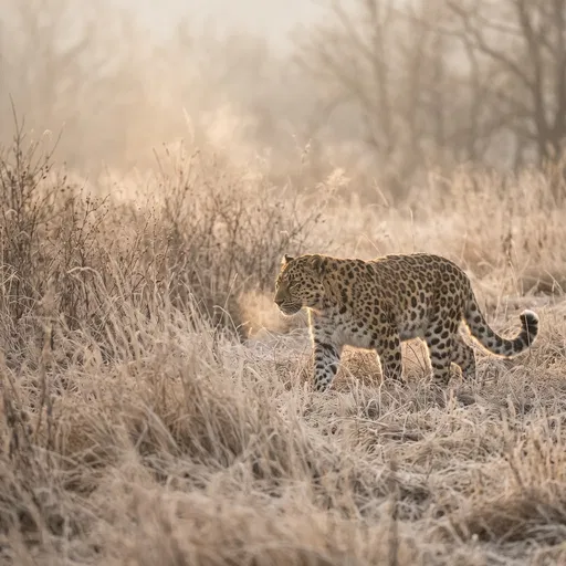 Amur Leopard in Morning Winter Grass