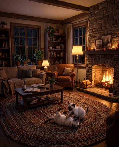 Siamese Kittens Playing by Cozy Fireplace