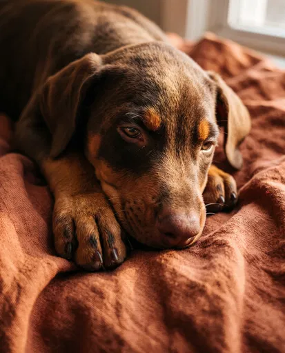 Sleepy Doberman Puppy on Terracotta Blanket