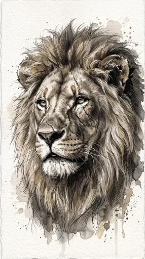 Sepia Watercolor and Ink Lion Portrait