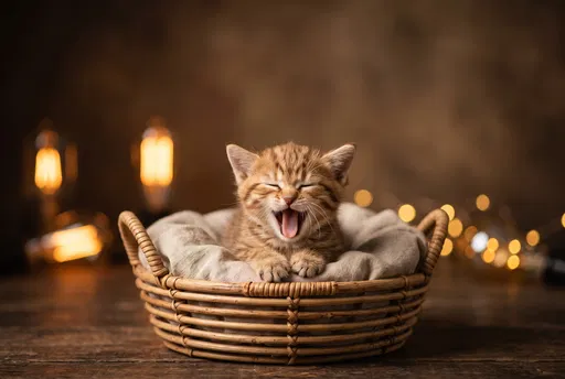 Yawning Tabby Kitten in Rattan Basket