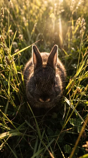 Backlit Dwarf Rabbit in Tall Meadow Grass