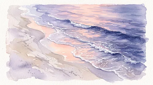 Pastel Watercolor Ocean Waves at Sunset